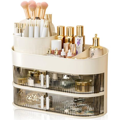 Organizador giratorio de 360° con 2 cajones antipolvo y tapa, caja para productos de cuidado facial para tocador o baño.
