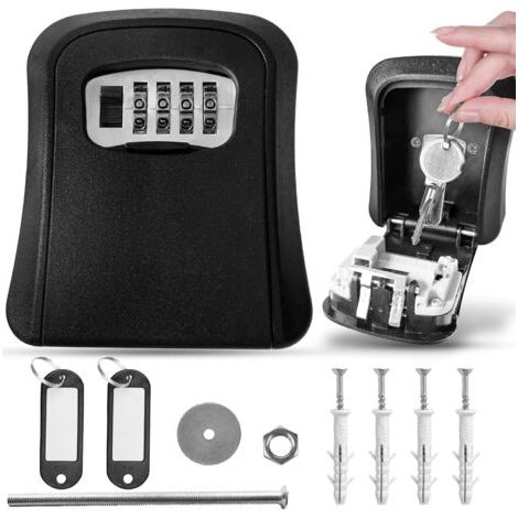 Coffre-fort pour clés avec code + 2 porte-clés avec porte-étiquette  Coffre-fort clés extérieur, boîte à combinaison sécurité pour extérieur de maison, hébergements touristiques, etc.