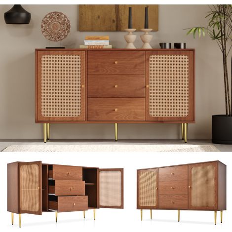 Commode 90 cm avec 2 portes en rotin et 3 tiroirs coulissants – Étagère intérieure réglable – Meuble de salon ou chambre à coucher – Finition noyer – Largeur 150 cm, Profondeur 40 cm