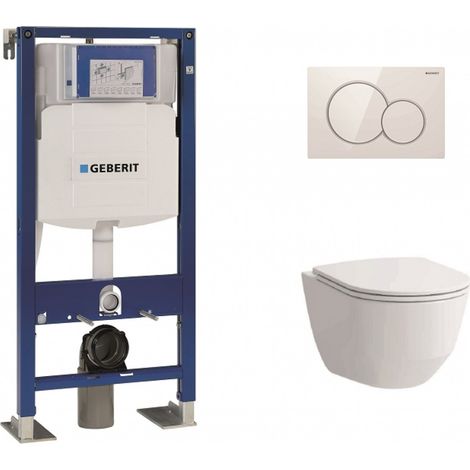 Pack WC suspendu Geberit UP320 – Cuvette Rimless sans bride – Abattant Slim frein de chute – Plaque de déclenchement Sigma blanche (1/6)
