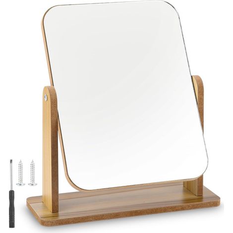 Miroir de maquillage sur pied - 1 pièce - Bois et plastique givré - Rotation 360 degrés - Pour coiffeuse et salle de bain - 25 x 22 cm (1/5)