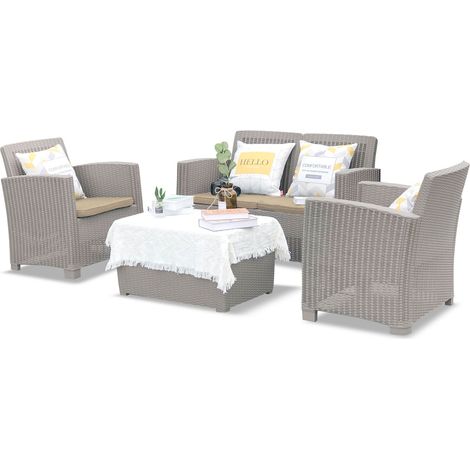 Homeology SANTANA 4 Piece PE Rattan 4-Seater with Cushions Garden Furniture and Coffee Table Set in Greige (1/5)