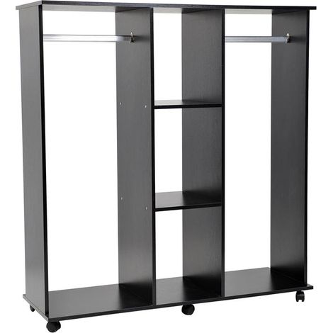 ARMADIO GUARDAROBA A 5 RIPIANI CON RUOTE E BARRE APPENDIABITI 120X40X128CM NERO (1/5)