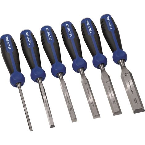 Juego de formones 6,10,12,16,20,26mm mango bimaterial con botón de golpeo 6 piezas en blíster TECWERK (1/2)