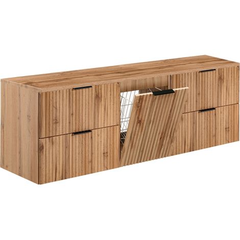 Furnidea - Meuble suspendu sous vasque ADEL CHÊNE 160 cm avec panier à linge et plan - 2 tiroirs - Façades rainurées