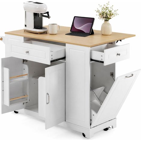 ELVMI Desserte de cocina con puertas, cajones, estantes regulables, tablero extensible y espacio para cubo, MDF, blanco y madera (1/5)