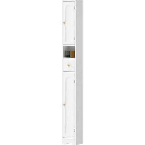 Schmaler weißer Badezimmerschrank (20 x 20 x 185 cm) mit Schublade, gebogenen Türen, offenem Fach und verstellbarem Einlegeboden