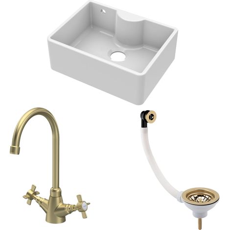 Fireclay Kitchen Sink Bundle - Single Bowl Butler Sink w/ Overflow, Tap Ledge, Waste & Mono Tap, 595mm Brushed Brass by Balterley (1/4)
