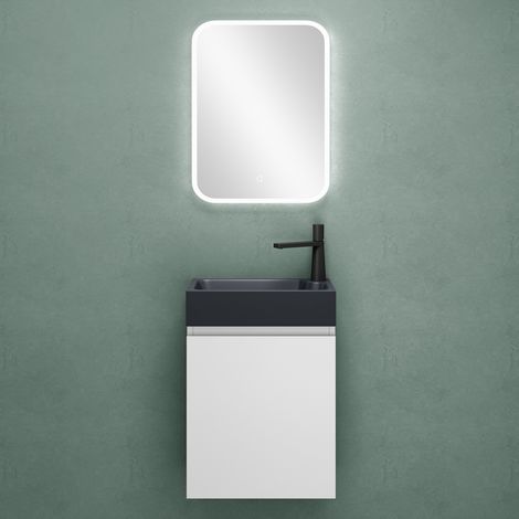 Mai & Mai Ensemble de Meuble de Salle de Bain Meuble sous Lavabo Suspendu Blanc Mat 46x26x63cm avec Vasque Anthracite Mat et Miroir LED PS02