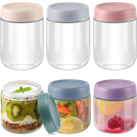 Lot de 6 - Pot en verre - Couvercle hermétique - Conservation aliments - Idéal yaourt et avoine - Multicolore - 350 ml et 480 ml (1/5)