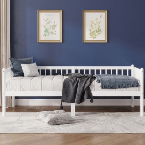 Divano letto in legno di pino 90200 cm, con sponde su 3 lati e 14 doghe di supporto, bianco (1/5)
