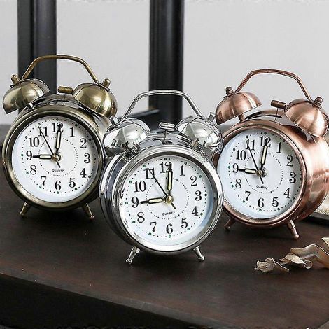 Réveil rétro en métal de 7,6 cm (3 pouces), couleur bronze/cuivre, ultra-silencieux, avec veilleuse, réveil pour enfant/étudiant, blanc (1/5)