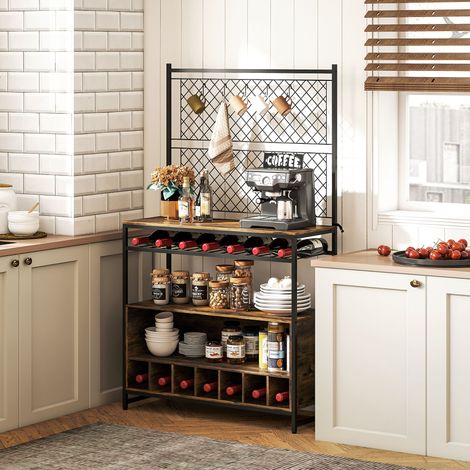 Étagère de cuisine avec plan de travail, panneaux en maille métallique, 5 crochets, meuble de rangement pour épices, casseroles et poêles, marron