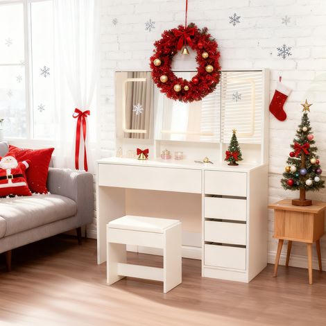 Coiffeuse, table de toilette avec tabouret, éclairage, miroir, blanc (1/5)