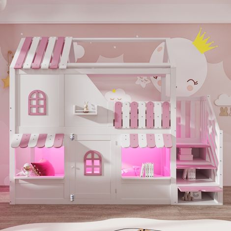 Lit superposé enfant 90x200 cm - Lit cabane maison avec toit et fenêtres - LED - Escalier de rangement - Bois massif - Blanc et Rose (1/5)