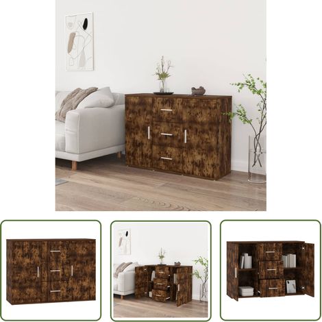 The Living Store Buffet Chêne fumé 91x29,5x65 cm Bois d'ingénierie - Buffet - Meuble TV - Armoire - Rangement - Bois D'ingénierie (1/5)