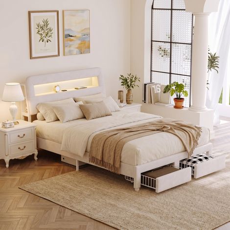 Lit double 160x200 cm – lit adulte - Deux tiroirs – Tête de lit avec rangement – – Éclairage LED – Port USB – Tissu velours beige (1/5)
