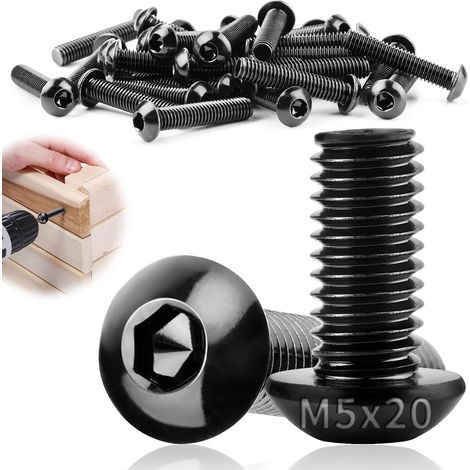 Vis Noires M5x20mm - 40 Pièces - Acier Inoxydable 304 - Tête Bombée Hexagonale - Réparation Meubles et Montage - Noir (1/5)