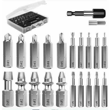 Schraubenausdreher-Set, 22-teilig, verbessertes Ausdrehwerkzeug aus HSS 4341-Legierungsstahl mit Bohrern, 2 magnetischen Bit-Verlängerungen, Steckschlüsseladapter für beschädigte Schrauben, Schwarz-Cr