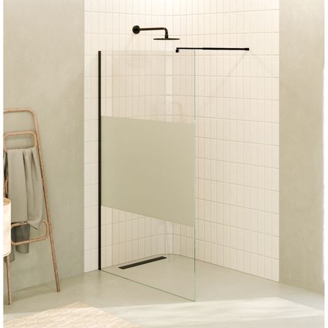 Mampara de ducha Walk-In FIONA 170 x 200 cm, panel de cristal templado parcialmente satinado 10 mm, barra 22BM y perfil inox negro mate - MOG (1/5)