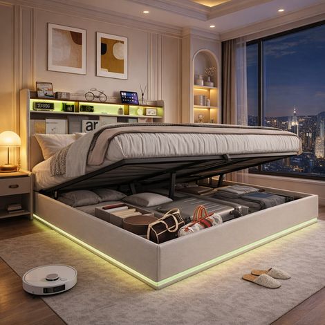 Lit 2 Personnes 160x200CM avec éClairage LED et Prise USB Tpye C, Structure de Lit avec TêTe de Lit en Lin, Lit Double Coffre, Beige (1/5)