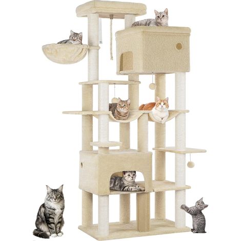 Arbre à chat XXL 200 cm – 10 griffoirs sisal – 2 plateformes géantes – 2 niches spacieuses pour grands chats (1/5)