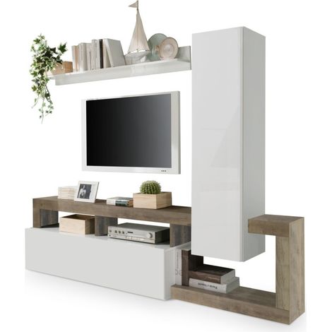 Set mobili soggiorno con contenitori, collezione BURA, lunghezza 219 cm, bianco lucido/quercia cadiz (1/5)