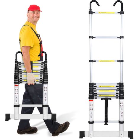 Wolketon Premium Alu Teleskopleiter Ausziehleiter Klappleiter Höhe 3,2M Silber Antirutsch Mehrzweckleiter mit Stabilisator und Abnehmbaren Haken