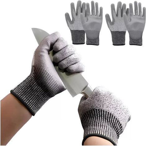 2 pares de guantes resistentes a cortes, Guantes resistentes a cortes de nivel 5, Recubiertos de PU, Resistentes a la abrasión, Grises (1/5)