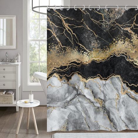 Rideau de Douche Marbre Noir 180x200cm,Gris Or Scintillant Abstrait Déchirure Encre Texture Moderne Luxe Art Rideau de Baignoire Étanche Polyester Tissu Lavable Rideau de Bain HNM-163 (1/5)