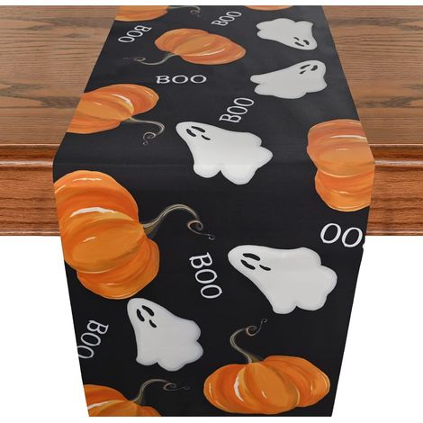 Halloween-Tischläufer, schwarz, 33 x 18 cm, mit Geister-, Kürbis- und Buu-Motiv, aus Polyester, für Heim- und Partydekorationen (1/5)