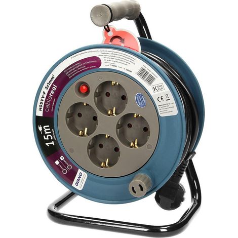 Rallonge électrique MINI enrouleur 4 prises 2P+Z 15 m OR-AE-1339/G(GS) Schuko gris (1/5)
