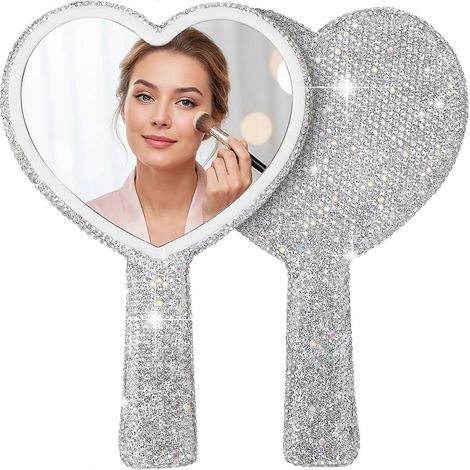 Mabor Strass-Herzförmiger Handspiegel – Funkelnder Kosmetikspiegel mit Griff, tragbar für Reisen, Hochzeiten und tägliches Make-up, Silber (1/4)