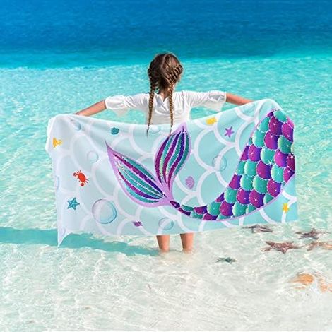 CSPARKV Mermaid Beach Towel - 75 x 150cm Mermaid Tail Polyester Camping Towels for Girls Kids Quick Dry Ultra Absorbent Super Soft Beach Blanket Pool Travel Swimming (1/5)