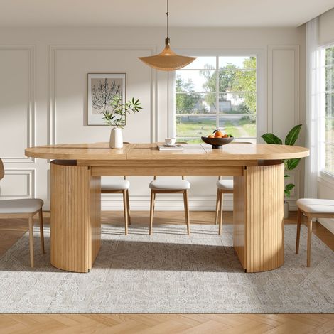 Table à manger extensible 120-160 x 80 cm, rangement caché sous plateau, table de cuisine gain de place, plateau épais, MDF, Naturel (1/5)