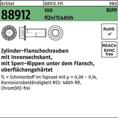 Tornillo  de  brida  de  cilindro  R  88912  nervadura  de  bloqueo  In.-6kt  M6x16  100  flZnnc480h-L  500  unidades (1/2)