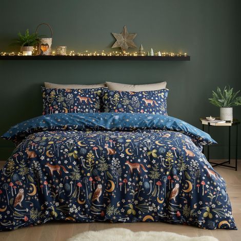 Parure de lit Double réversible avec Housse de Couette et taies d'oreiller Motif Animaux du crépuscule enchanté Bleu Marine (1/5)
