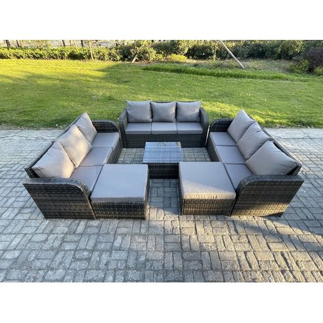 Fimous 11 places Salon de jardin exterieur avec Canapés Table basse carrée 2 Grand tabourets Gris foncé mixte (1/5)
