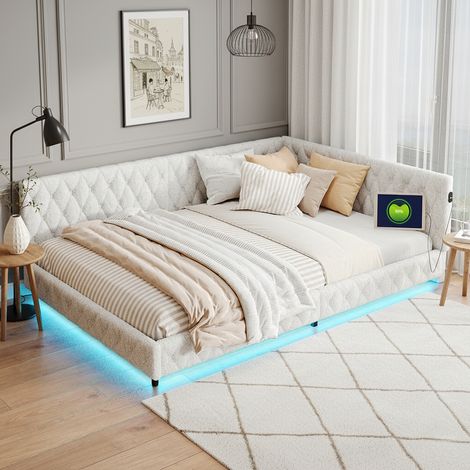 Divano letto matrimoniale 140 x 200 cm con porte USB e Type-C, illuminazione d’ambiente LED, schienale in tessuto Teddy e struttura letto, beige (1/5)