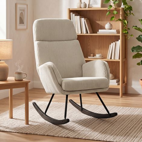 Fauteuil à Bascule, Rocking Chair en Velours Côtelé avec Dossier Haut et Accoudoirs, Pieds en Bois d'hévéa, Beige (1/5)