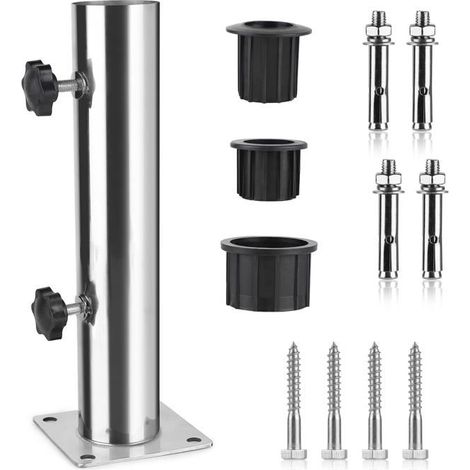 Tube de parasol réglable en inox - support/pied 4 trous avec 3 anneaux réducteurs PVC (1/5)