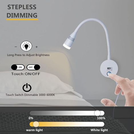 Flexible Wandleseleuchte mit USB-Anschluss, Eigenschaften: Lampe, 2er-Pack, Wandleuchte, 3 W (1/4)