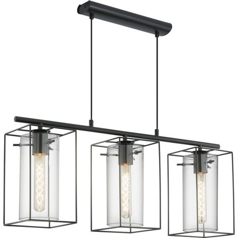 EGLO Lampada a sospensione Loncino, lampada a sospensione a tre punti luce vintage, lampada a sospensione in acciaio, nero, vetro fumé, E27, diametro 38 cm (1/5)