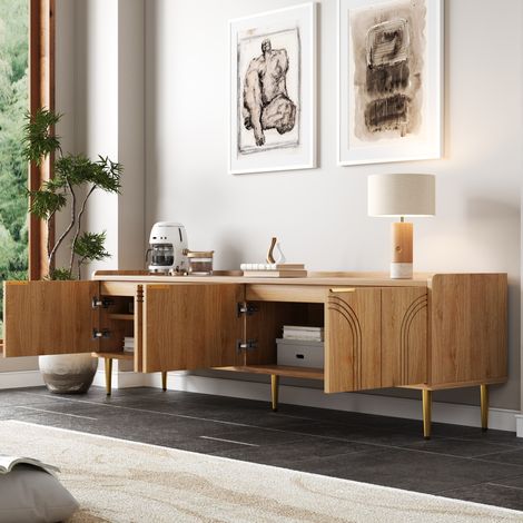 Mueble TV 170x35x47,5 cm natural MDF - puertas con relieve y gestión de cables (1/5)