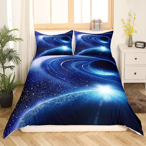 Ensemble de literie imprimé Galaxie Bleu 3D Univers planète Housse de Couette 220x240cm Espace Ciel étoilé literie Enfants Lits en Microfibre Ensemble avec 2 taie d'oreiller (1/5)