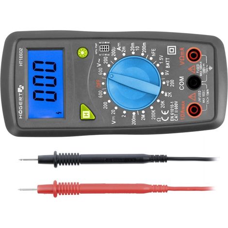 Högert Technik - Medidor digital multifuncional I Multímetro de hasta 600 V/10 A I Pantalla LCD I Revestimiento de goma I Ergonómico y compacto I Incluye cable de medición I HT1E602