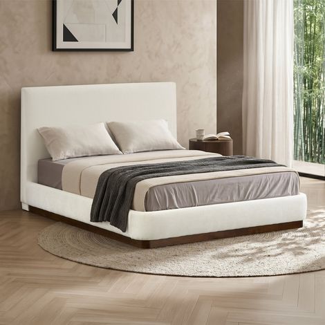 JODIE Lit double en tissu beige et bois foncé 140x190 cm (1/5)