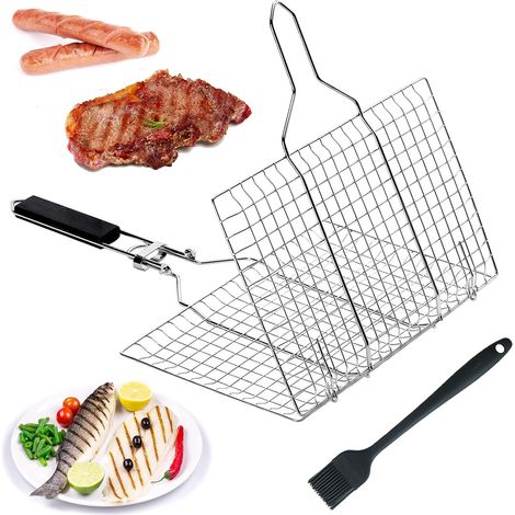 Fish Grilling Basket, Grill Basket Stainless Steel BBQ Grilling Basket Portable BBQ Grill Basket Fish Grill Basket with Removable Handle with Basting Brush for Fish Steak Vegetable Shrimp (1/5)