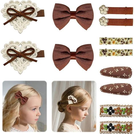 12-teiliges Set Haarspangen mit Blumenstickerei, rutschfeste Haarspangen für Mädchen, Haarspangen aus Baumwoll-Leinen-Gewebe für Mädchen jeden Alters (Braun) (1/5)