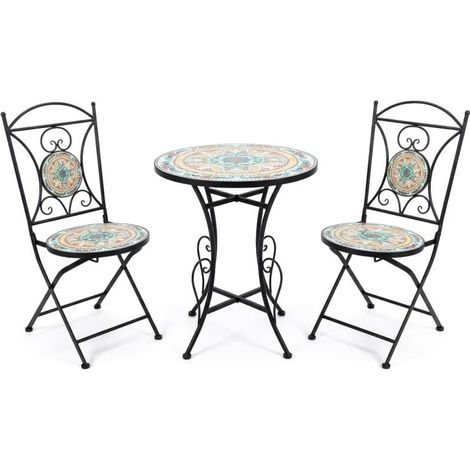 Ensemble de Table et 2 chaises de Jardin en métal et Pierre, Noir, Bleu et Jaune, 72 x 60 x 60 cm (1/5)